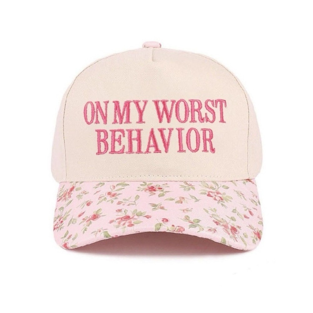 On My Worst Behavior Funny Hat * Pink Green Floral * Flowers Adjustable  NWT
